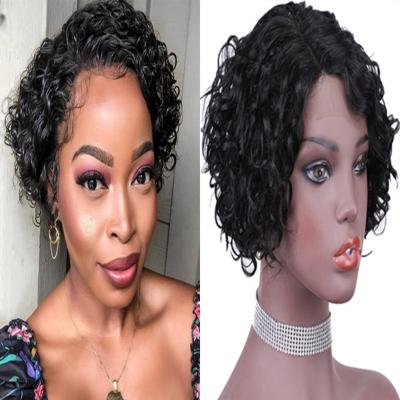 China Cheap Machine Made Natural Black Curly T Piece Brazilian Remy Human Hair Water Wave Wigs Short Hair Wigs For Women for sale