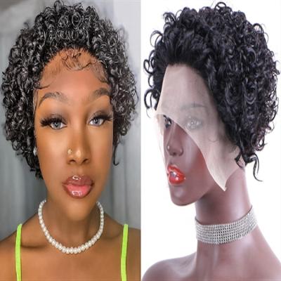 China Human Hair Pixie Cut Curly Wig Short Wave Front Human Wig Machine Made Lace Hair Regular Brazilian Colored Women for sale