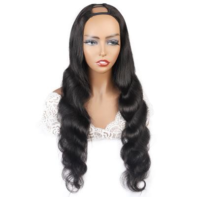 China Brazilian Black Body Wave Human Hair Various Natural Curly Wave Styles With Dark Brown Swiss Lace U Machine Made Wig for sale