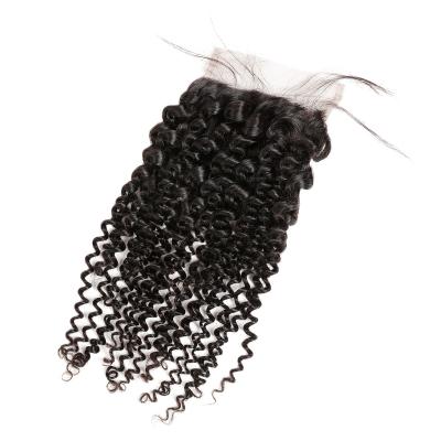 China 4*4 middle remy 100% brazilian high quality kinky curly double lace closure hair extension free shipping kinky curly human hair wholesale for sale