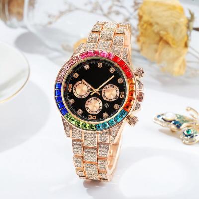 China Auto Date Fashion Hip Hop Watches Colorful Jewelry Gold Circle Diamonds Relojes Glazed Watches for sale