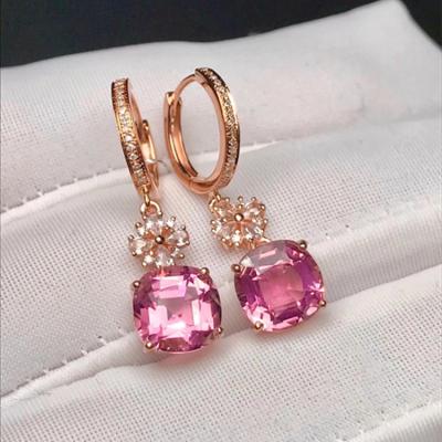 China SGARIT romantic wholesale brand natural gemstone jewelry clip on dangle earrings 18k rose gold 5.3ct tourmaline earrings pink women for sale