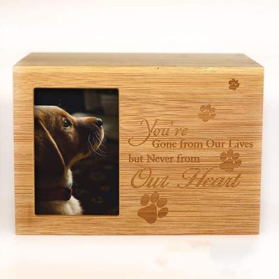 China Customized Sustainable Wooden Pet Memorial Urn Box With Your Lovely Pet Picture Urns Pet Urns for sale