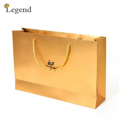 China Recyclable Custom Metallic Color Gold Logo High End Shopping Paper Bag Luxury Gold Paper Bag for sale