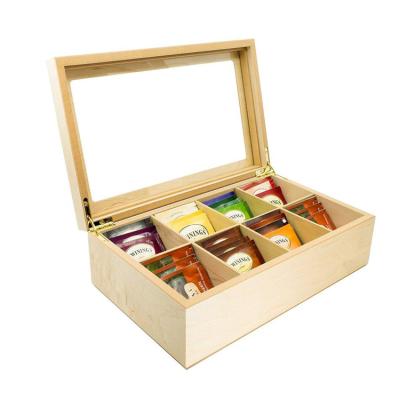 China Recyclable Collections 8 Compartments Wooden Organizer Storage Tea Box With Glass Top for sale