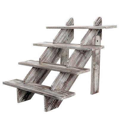 China Height Adjustable Shelves Cascading Rustic Torched Retail Wooden 4 Tier Cake Stand and Display Risers for sale