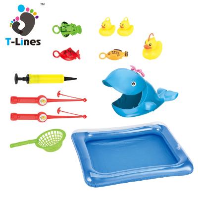 China Popular Fishing Toys 2022 New Kids Inflatable Fishing Table Game Toys Set With Duck Fish Pond Rod Fishing Net Floating Animal Toy for sale