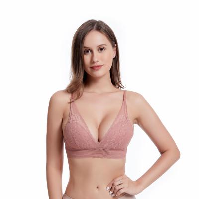 China New Arrival CHALET Romantic Pink Thin Strap Low-neck Adjustable Women's Lace Bra Breathable Lace Pattern Push Up Bra for sale