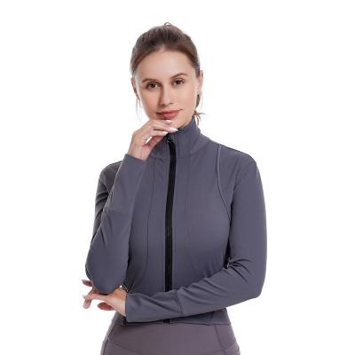 China CHALET New Design Gray Yoga Suit Active Breathable Use Zipper Running Collar Gym Long Sleeve Shirts Fitness Sportswear For Women for sale