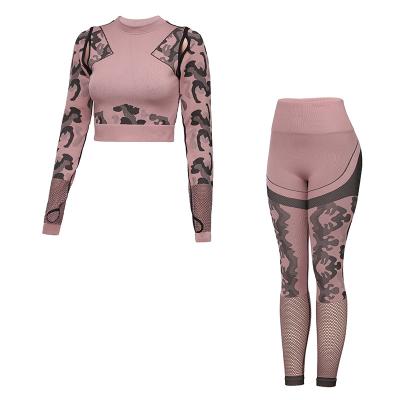 China New Design Breathable Plus Size Sexy Yoga Leggings Set Flower Patterned Sport Yoga Flesh-Pink Suit For Women for sale