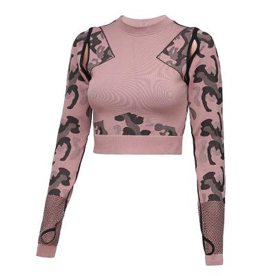 China Low Price Camouflage Camouflage Jacquard Breathable Women Yoga Long Sleeve Tops, Custom Logo Long Sleeve Yoga Tops C for sale