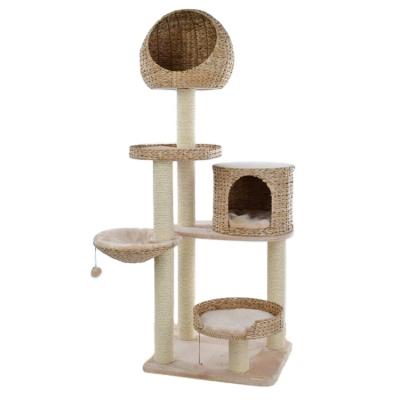 China Sustainable Luxury Cat Striping Natural Handmade Cat Tree Frame Climbing Tower Tree Board Rattan Cute Cat Furniture for sale