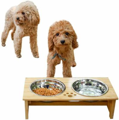 China Factory Wholesale Automatic Adjustable Bamboo Wood Raised Cat Dog Pet Food Bowl Stand Pet Feeders for sale