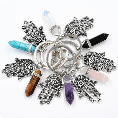 China Metal Natural Crystal Hexagonal Column Charm Fatima Palm Agate Key Chain Rough Stone Bag Charms Hamsa Hand Key Chain Pendant Charms for sale