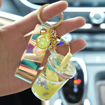 China Crystal Creative Fashion Fruit Strawberry Boba Strawberry Key Chain Boba Milk Tea Cup Liquid Key Chain Quicksand Liquid Acrylic Pendant for sale