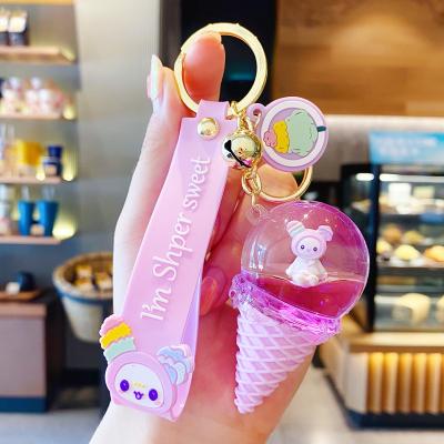 China 2022 Crystal Ice Cream Luxury Liquid Keychain Creative Floating Quicksand Liquid Key Chain Women Moving Liquid Pendant Keychain for sale