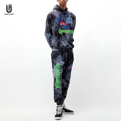 China Custom Streetwear Manufacturers logo QUICK DRY 100% Cotton Fleece Spandex Tie Dye Slim Fit Tracksuit 2 Pieces For Men for sale