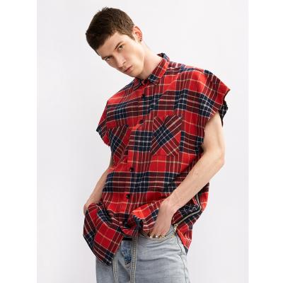 China Men's Anti-Pilling Red Double Pockets Fitness Muscle High Quality Flannel Sleeve Checked Short Plaid Shirt for sale