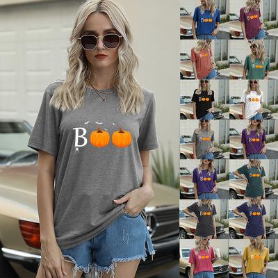 China 1104 (RTS 0.5) Pumpkin Print Anti-Shrink Long Sleeve Casual Round Neck Women's Upper Neck T-Shirt for sale