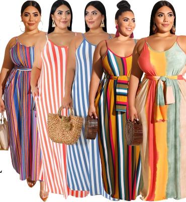 China (RTS 0.55) 19258 Anti-Static Plus Size Women's Striped Sling Loose Belted Dress Summer For Women for sale