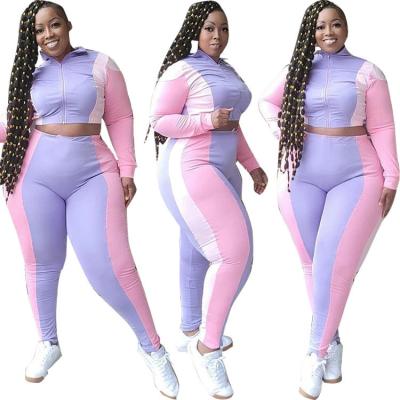 China Newest Design Casual Two Piece V-neck Pantsuit 5xl Patchwork Sleeve (1) 0566 Newest Design Breathable Sportswear Zipper Long Sets For Woman 2021 for sale