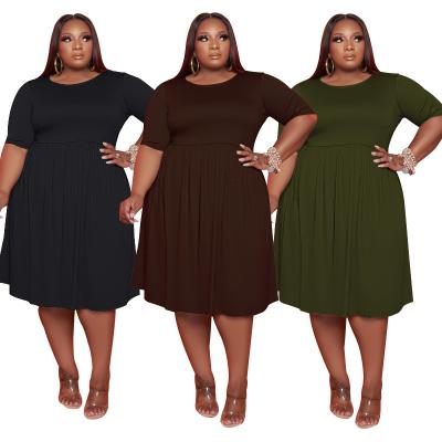 China (RTS 0.65) 21088 Summer Anti-Static Plus Size Women's Big Swing Solid Color Mid Length Short Sleeve Dresses For Women for sale