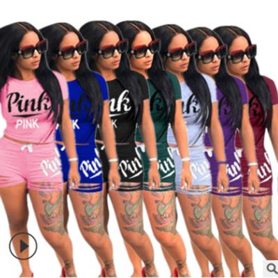 China Women (0.4) 9464 New Arrival Fashion Slim Fit QUICK DRY Letters Printed Summer Biker Shorts 2 Piece Short Set for sale