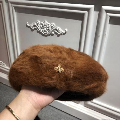 China Women Hat Wool Solid Color COMMON Beret Covers Female Lady Painter Warm Hat Hood Gold Bee Rabbit Fur Hats for sale