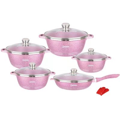 China OEM Viable Pink 12pcs 20cm 24cm Pots 28cm and Pans Nonstick Pot Pan Aluminum Non Stick Granite Soup and Stock Pots Cookware Sets for sale