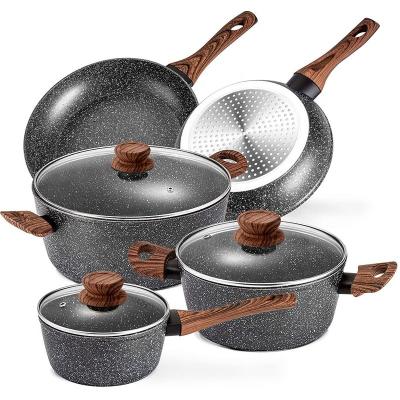 China OEM/ODM 8pcs 20cm 24cm Workable Pink 28cm Pots and Pans Nonstick Pot Pan Aluminum Non Stick Granite Soup and Stock Pots Cookware Sets for sale