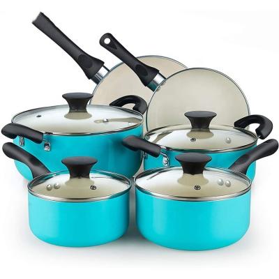 China OEM/ODM Sustainable 10pcs Blue Kitchen Instruments Cooking Non Stick Set Pot Pan Aluminum Granite Cookware Soup and Stock Pots Cookware Sets for sale