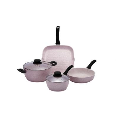 China OEM/ODM 5pcs 20cm 24cm Workable Pink 28cm Pots and Pans Nonstick Pot Pan Aluminum Non Stick Granite Soup and Stock Pots Cookware Sets for sale