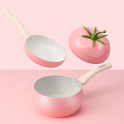 China OEM/ODM 12pcs 16cm Viable Pink Tomato Pots and Pans Nonstick Pot Pan Aluminum Non Stick Granite Soup and Stock Pots Cookware Sets for sale