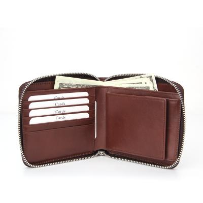 China RFID Coin Purse Bifold Zipper Around Wallet RFID Blocking Men's Zipper Leather Wallet for sale