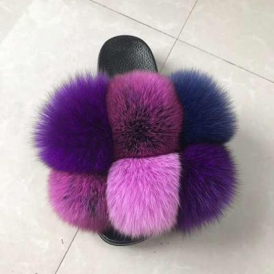 China New Trend Color Fashion Real Fox Fur Ball Mixed Fur Slippers Fashion Flat Slipper Sandals Smudge Fur Pom Pom Slides For Women And Baby for sale