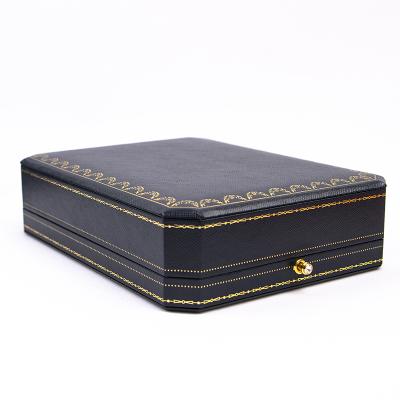 China Large Costume Jewelry Case Elegant Pattern Dark Blue Earring Upscale Leather Necklace Box for sale