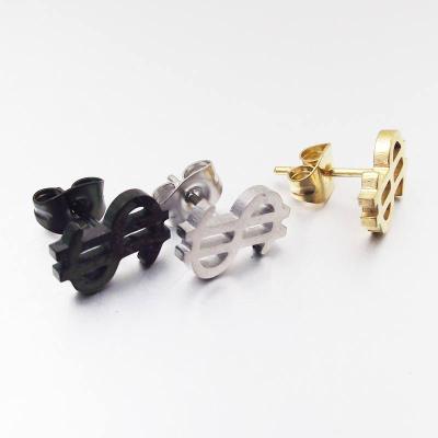 China New Fashion Trendy Gold Stainless Steel US Dollar $ Symbol Mail Stud Earring Black Silver for sale