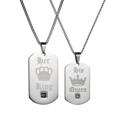 China Crown His King His Queen Couple Romantic Steel Tag Pendant Necklace For Lovers Army Military Jewelry for sale