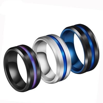 China FASHIONABLE Simple Black Blue Colored 8mm Stainless Steel Wedding Ring Groove Rings for sale