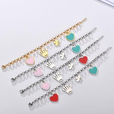 China CLASSIC Love Heart Crown Charm Bracelet Thin Stainless Steel Long Chain Bracelets for sale