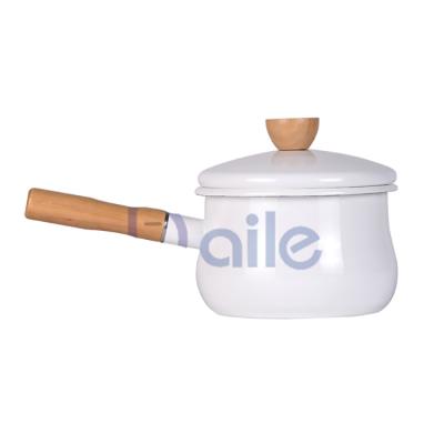 China Sustainable White Enamel Coating Cookware Frying Cooking Pan Pots And Pans With Wooden Handle for sale