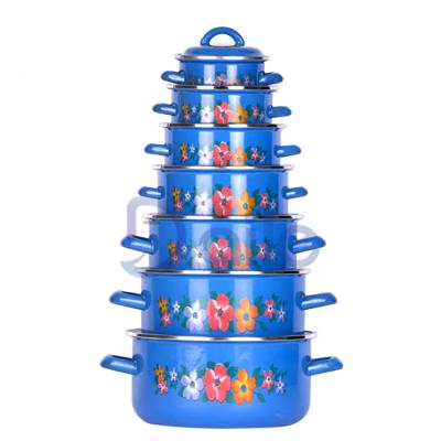 China 7 Pcs Sustainable Blue Flower Decal Cookware Set Cooking Pot Cookware Sets Cookware With Lid for sale