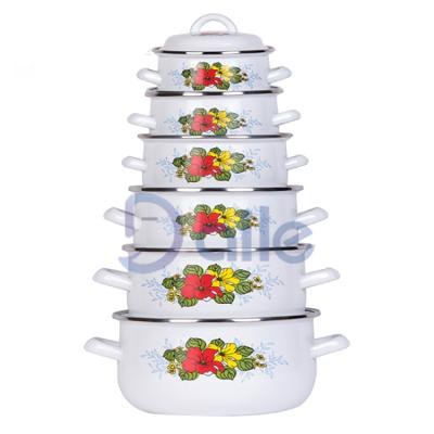 China Sustainable Enamel Flower Decal Glazed Coating Cooking Pots Custom Cookware Sets Kitchen Cooking Pots for sale