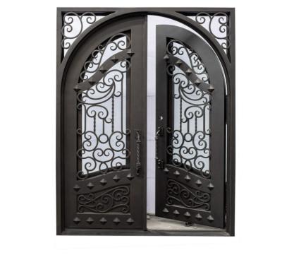 China Craftsman Exterior Double Front Entry Door Wrought Iron Door with Functional Tempered Rain Glass Inside Swing Dark Bronze Finish for sale