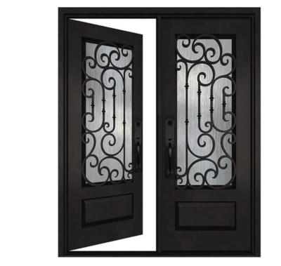 China Craftsman Wrought Iron Exterior Entry Front Door Left Hand Swing Stained Double Door for sale