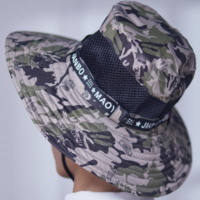 China Camo Fisherman Safari Bucket Hat Embroidery Logo Camo Outdoor Hats Sun Protection Bucket Hat With String for sale