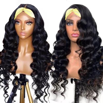 China Single Dispenser Cuticle Aligned Hair Band Wig Loose Wave Headband Wig None Lace Machine Made Wig Hair Band Wigs FO Brazilian Black Women for sale