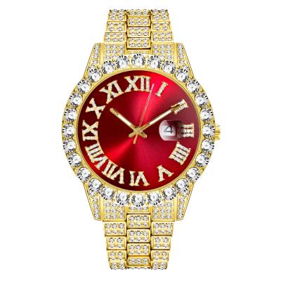 China Day/Date Iced Out Roman Digital Diamond Inset Watch Hip Hop Large Dial Waterproof Multicolor Quartz Watch for sale