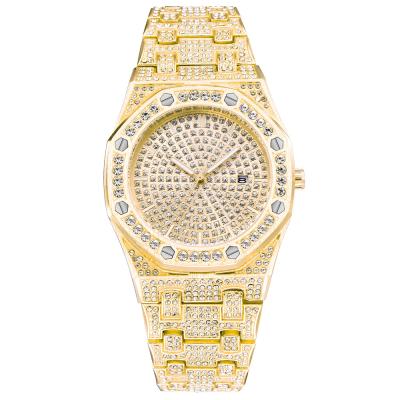 China Custom Day/Date 18K Gold Plated Mens Micro Pave Diamond Watch Hiphop Fashion Large Dial Calendar Quartz Watch for sale