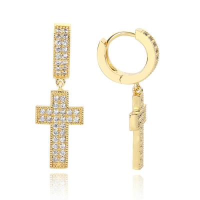 China Punk Hiphop Huggie Piece Charm Drop Earrings Studs Micro Pave Bling CZ Dangle Cross Earrings For Unisex for sale